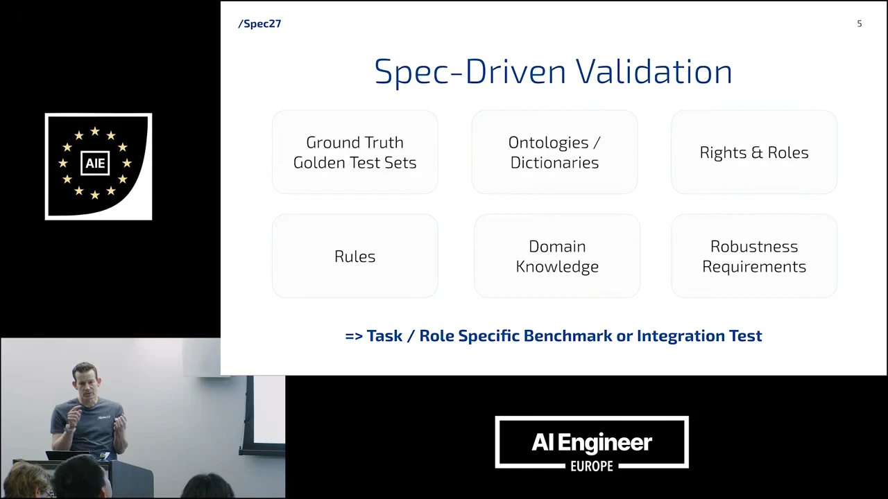 Slide lists ground truth golden test sets, ontologies and dictionaries, rights and roles, rules, domain knowledge, and robustness requirements above a task or role specific benchmark or integration test.