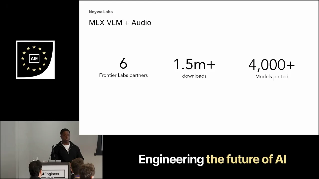 Neywa Labs slide titled MLX VLM + Audio with three metrics: 6 Frontier Labs partners, 1.5m+ downloads, and 4,000+ Models ported.