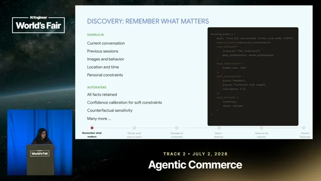 Selected presentation frame from Multimodal Collaborative Agents for Next-Gen Commerce — Nidhi Kaushik Vyas, Google DeepMind at 398 seconds