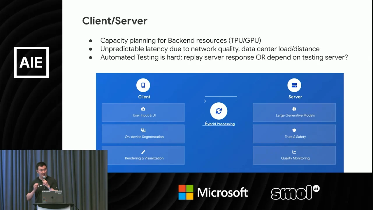 Client/Server slide with three engineering concerns above a blue diagram separating client UI, segmentation and rendering from server generative models, trust and safety, and quality monitoring.