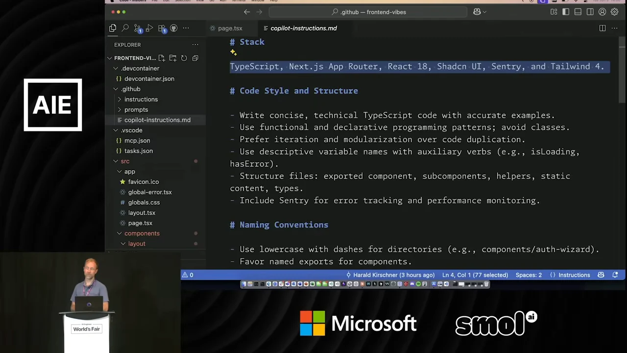 The copilot-instructions.md file shows a highlighted stack line above Code Style and Structure and Naming Conventions sections.