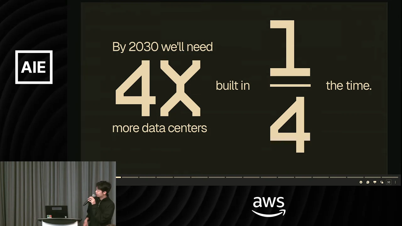 Dark slide reading “By 2030 we'll need 4X more data centers built in 1/4 the time,” with the speaker inset below.