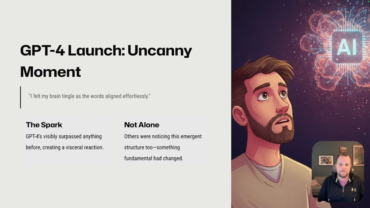 Slide with an effortless word-alignment quote, sections titled The Spark and Not Alone, and an illustration of a man looking toward an AI symbol.
