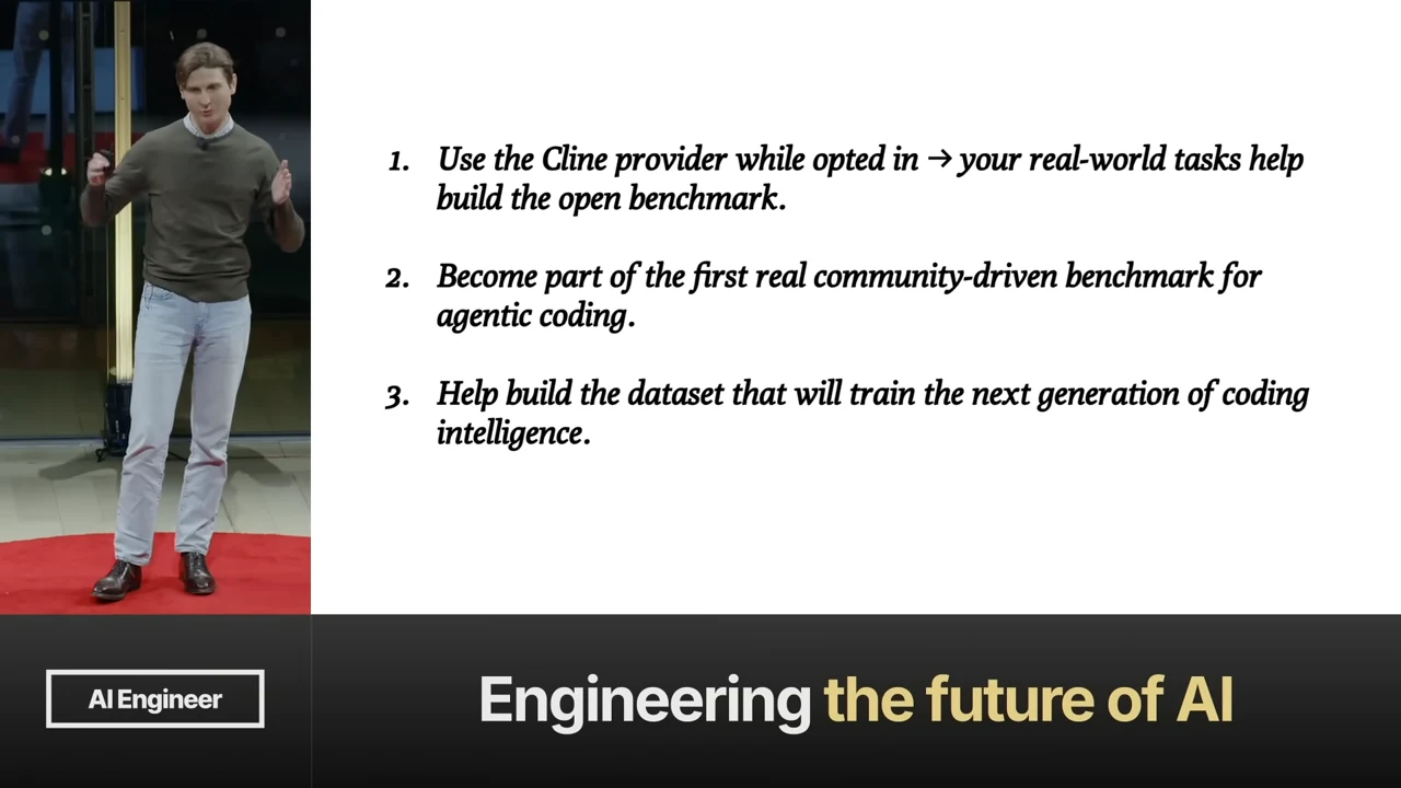 Three-point slide invites opted-in Cline provider users to help build an open benchmark, join a community-driven benchmark, and contribute training data.