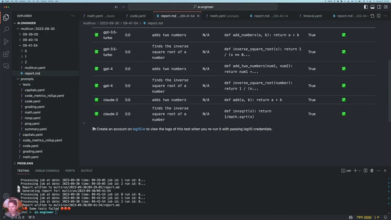 VS Code report displays six generated-code rows for adding two numbers and finding an inverse square root across three models, each with True and a green pass indicator.