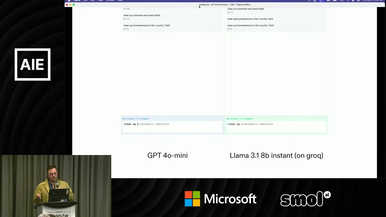 Two autocomplete panes labeled GPT 4o-mini and Llama 3.1 8b instant (on groq), with command inputs and visible suggestion lists above.