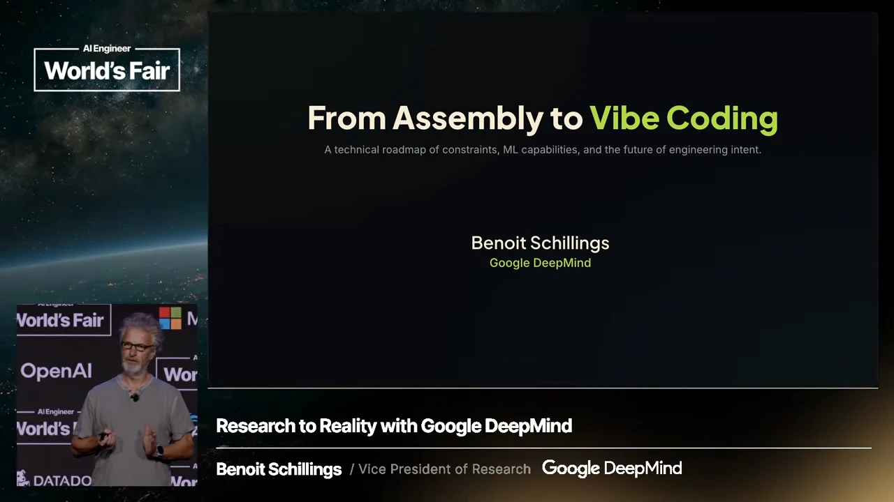 Title slide reading “From Assembly to Vibe Coding,” with Benoit Schillings and Google DeepMind beneath it and a speaker inset at lower left.