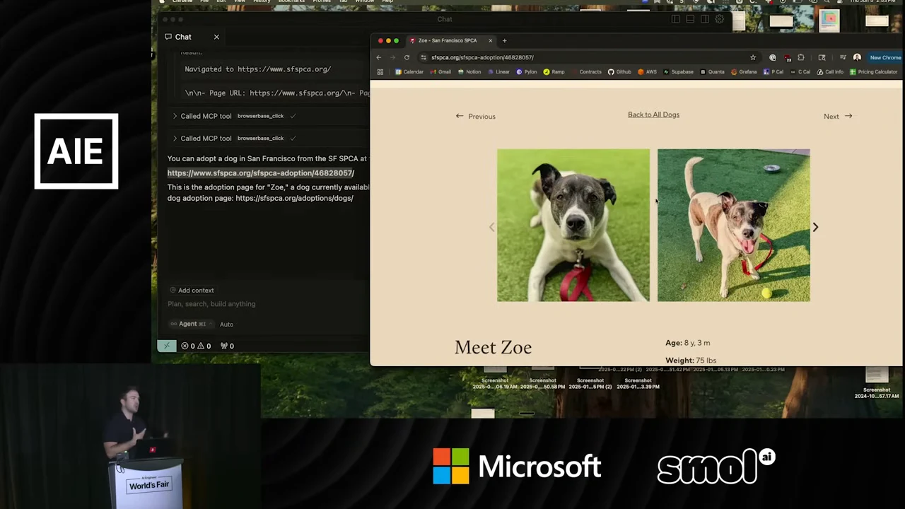 Agent chat on the left and an SF SPCA page on the right showing two dog photographs and the heading Meet Zoe.