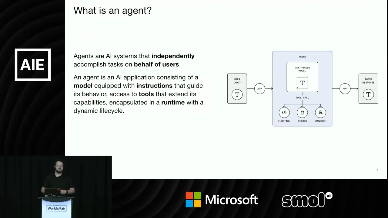 “What is an agent?” slide with a definition and a diagram connecting user input, a text-based model, tools, and an agent response.
