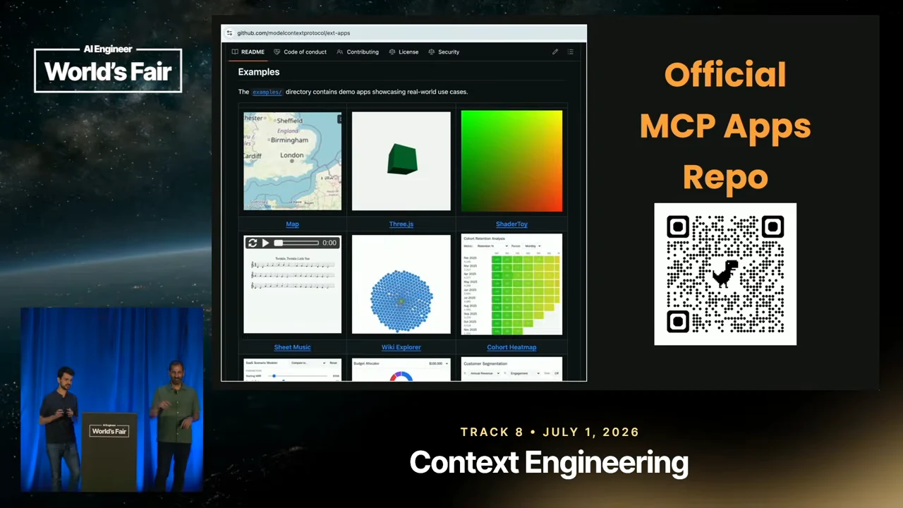 Repository screenshot with example tiles beside the words “Official MCP Apps Repo” and a QR code.