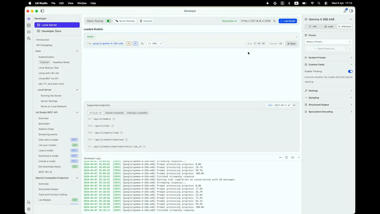LM Studio Developer view with a running server indicator, a loaded model row, supported endpoints, developer logs, and model settings.