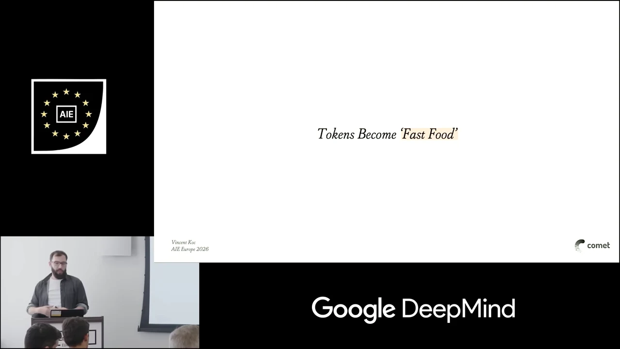 White slide with centered italic text reading Tokens Become ‘Fast Food’, with Fast Food highlighted in peach.