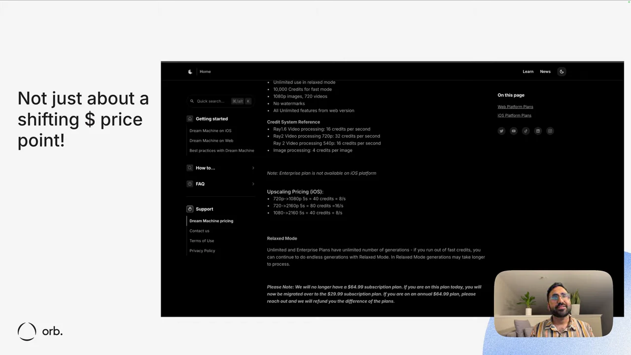Slide reading “Not just about a shifting $ price point!” beside dark documentation with Credit System Reference, Upscaling Pricing, and Relaxed Mode sections.