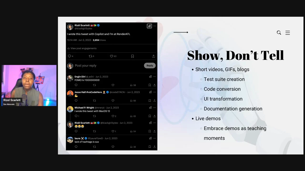 A slide lists short videos, GIFs, blogs, test suite creation, code conversion, UI transformation, documentation generation, and live demos as teaching moments, beside a tweet and replies.