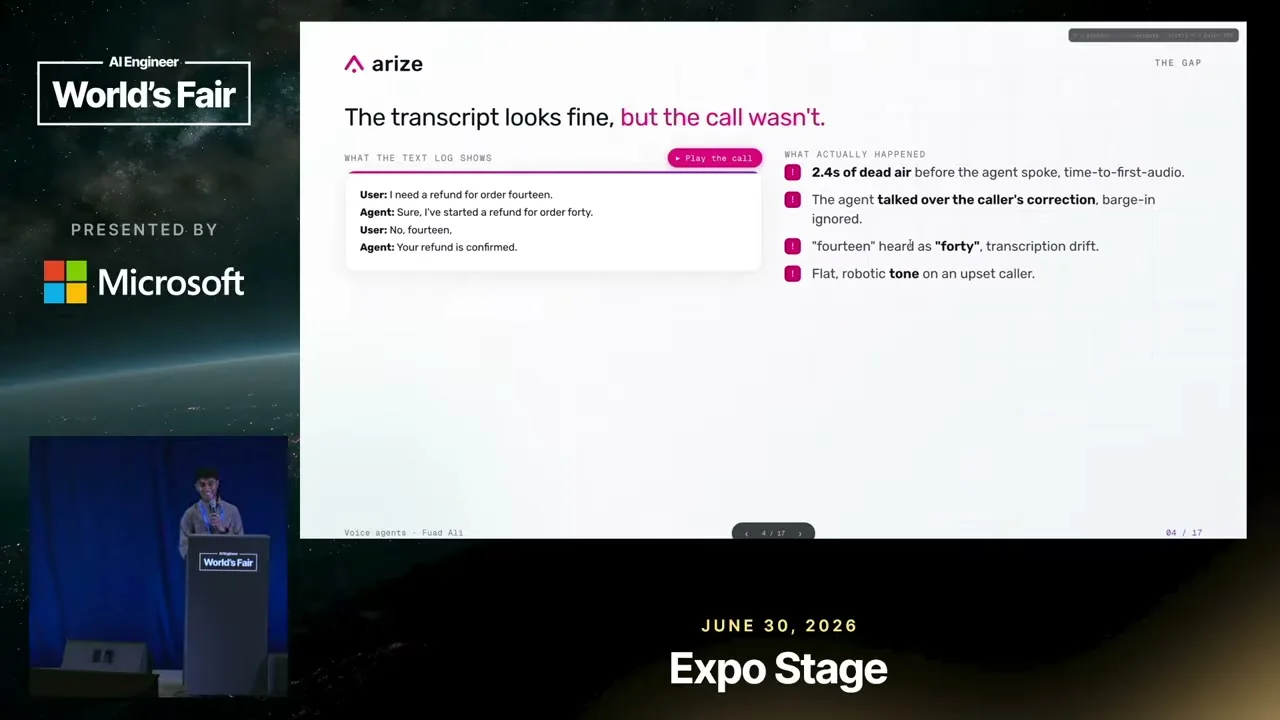 Selected presentation frame from The Transcript Looked Fine. The Call Wasn't. — Debugging Voice Agents, Arize at 184 seconds
