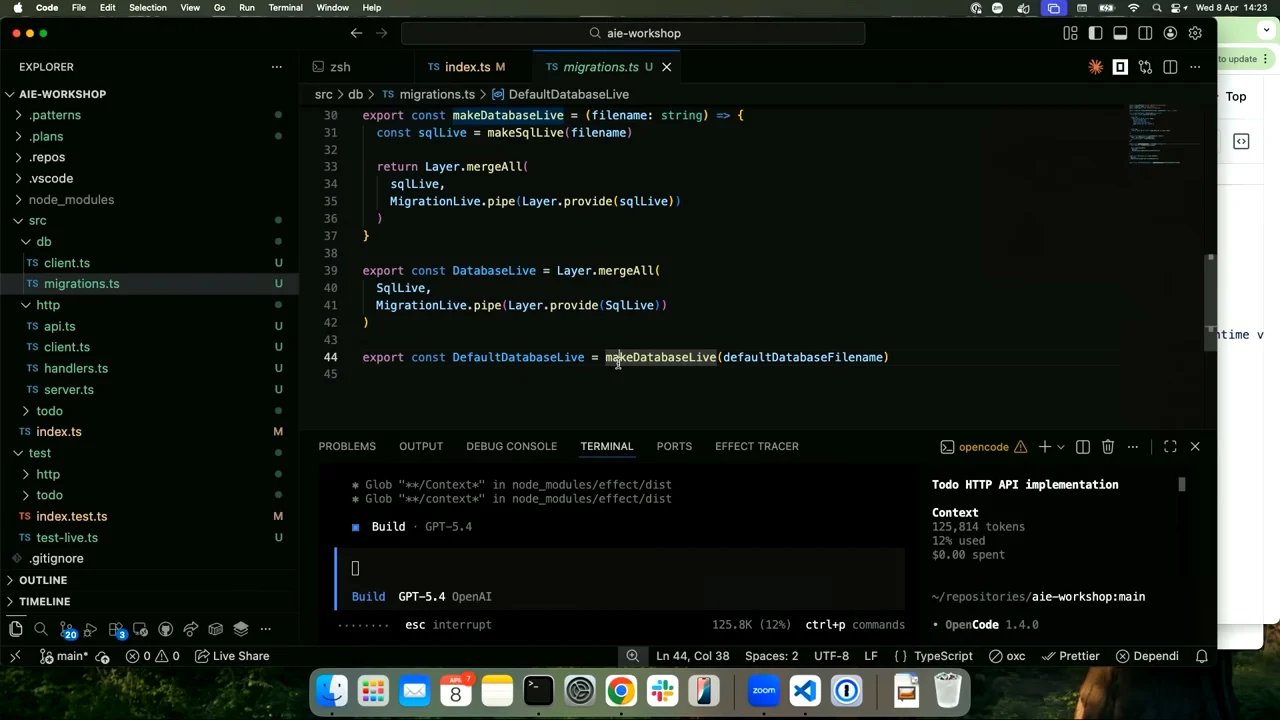 The migrations.ts editor shows makeDatabaseLive and DatabaseLive with similar layer composition, followed by DefaultDatabaseLive.