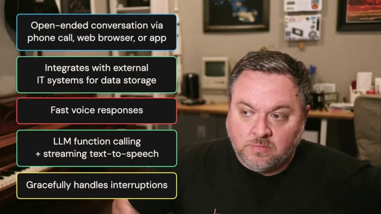 A participant beside five callouts describing conversation access, external data storage, fast voice responses, streaming text-to-speech with function calling, and interruptions.