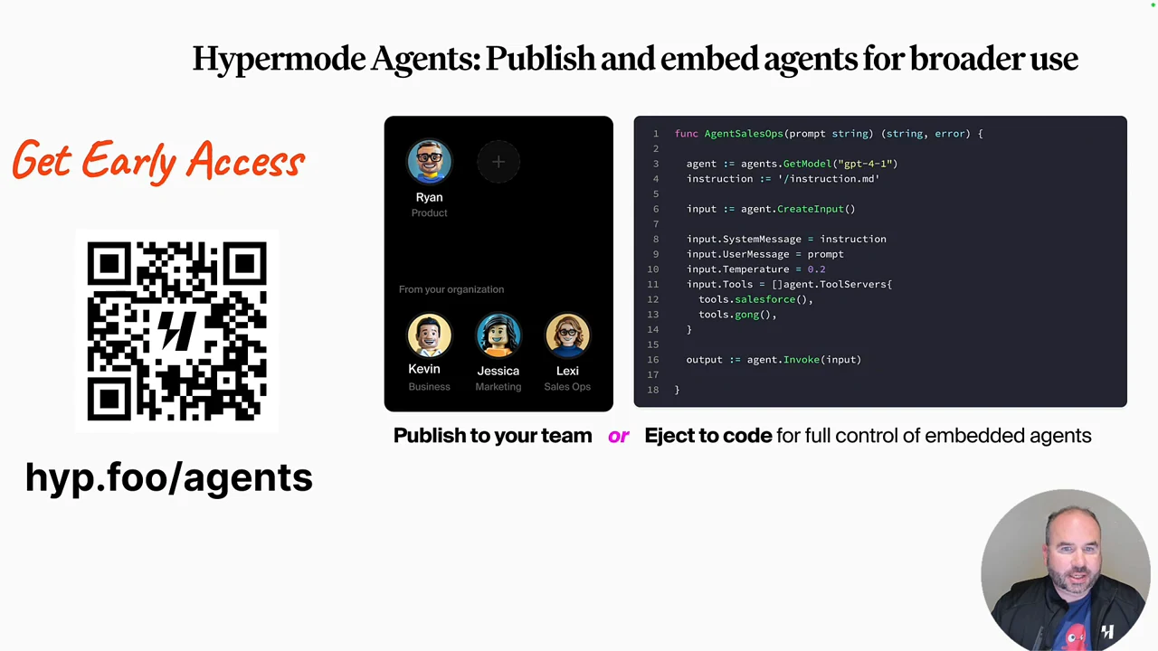 Slide showing a team agent panel beside a code example, labeled “Publish to your team” and “Eject to code,” with an early-access QR code and link.