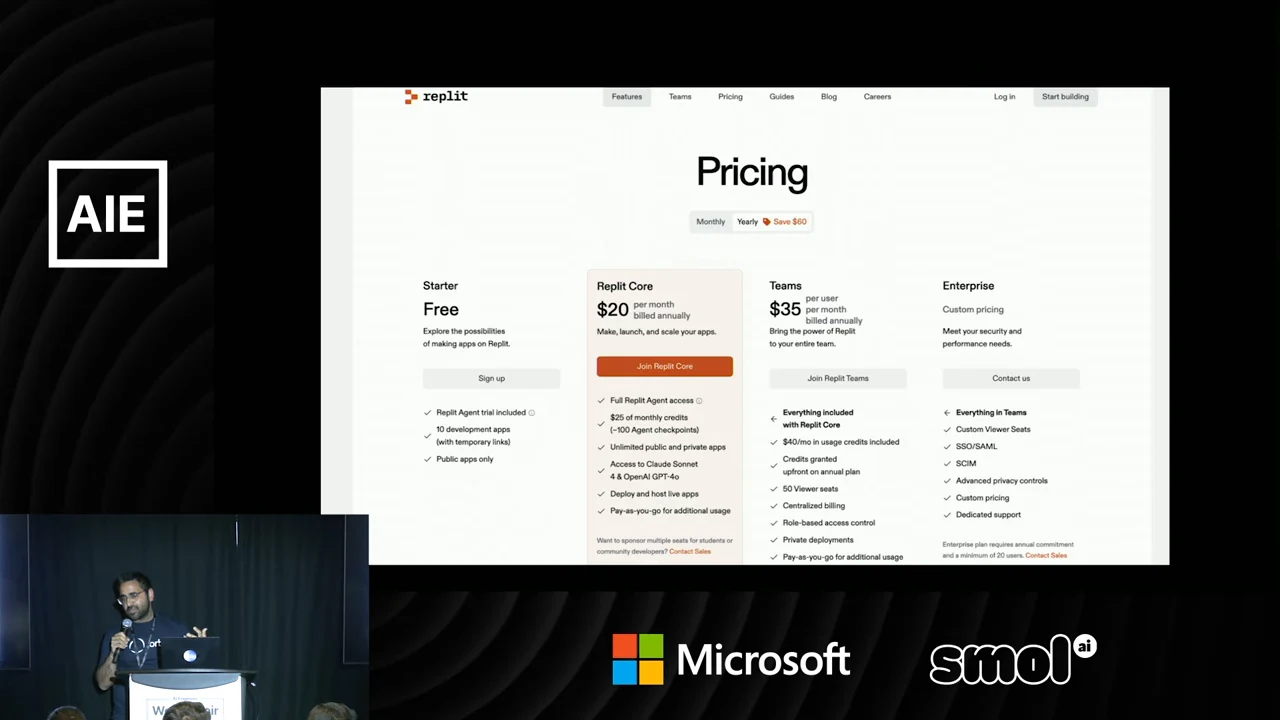 Four-column Replit pricing page with a free Starter tier, highlighted Replit Core plan, Teams plan, and Enterprise custom pricing.