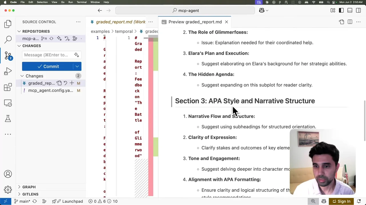 Editor preview of graded_report.md showing story feedback and a section titled APA Style and Narrative Structure, with suggestions on clarity, tone, and formatting.