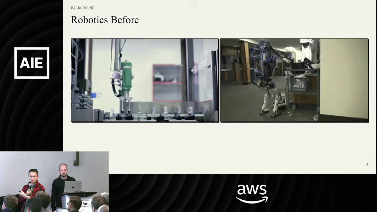 Slide showing an industrial robot arm in a factory on the left and a humanoid robot beside a shopping cart on the right.
