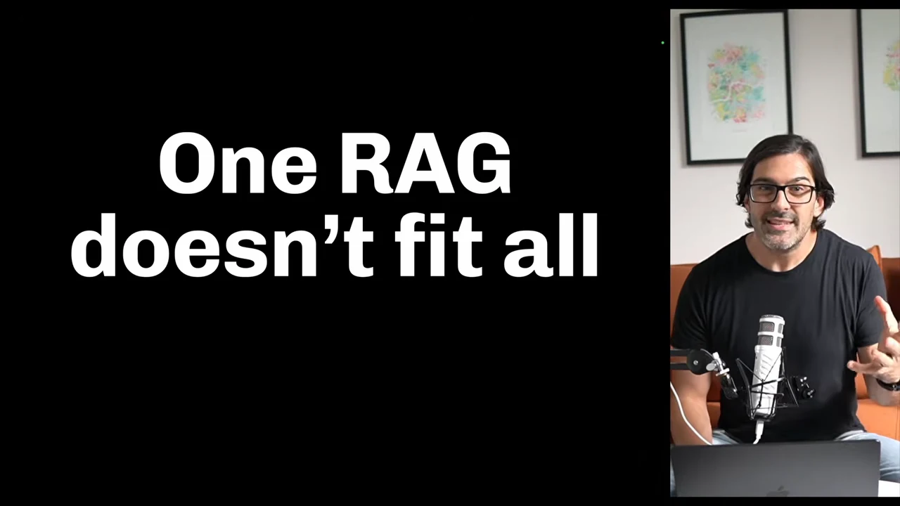 Black slide with large white text reading “One RAG doesn’t fit all,” beside the presenter.