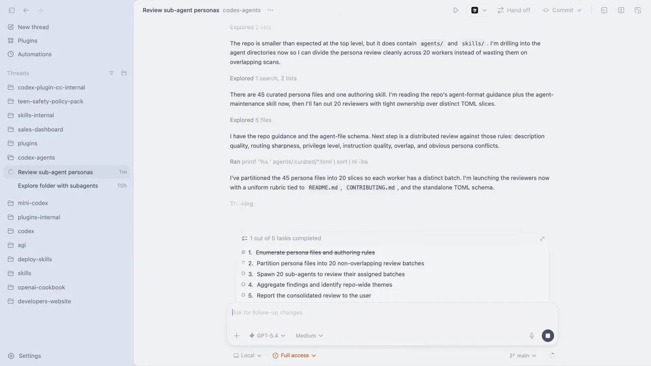 Codex conversation describing 45 persona files divided into 20 slices, above a five-task checklist with one task completed.