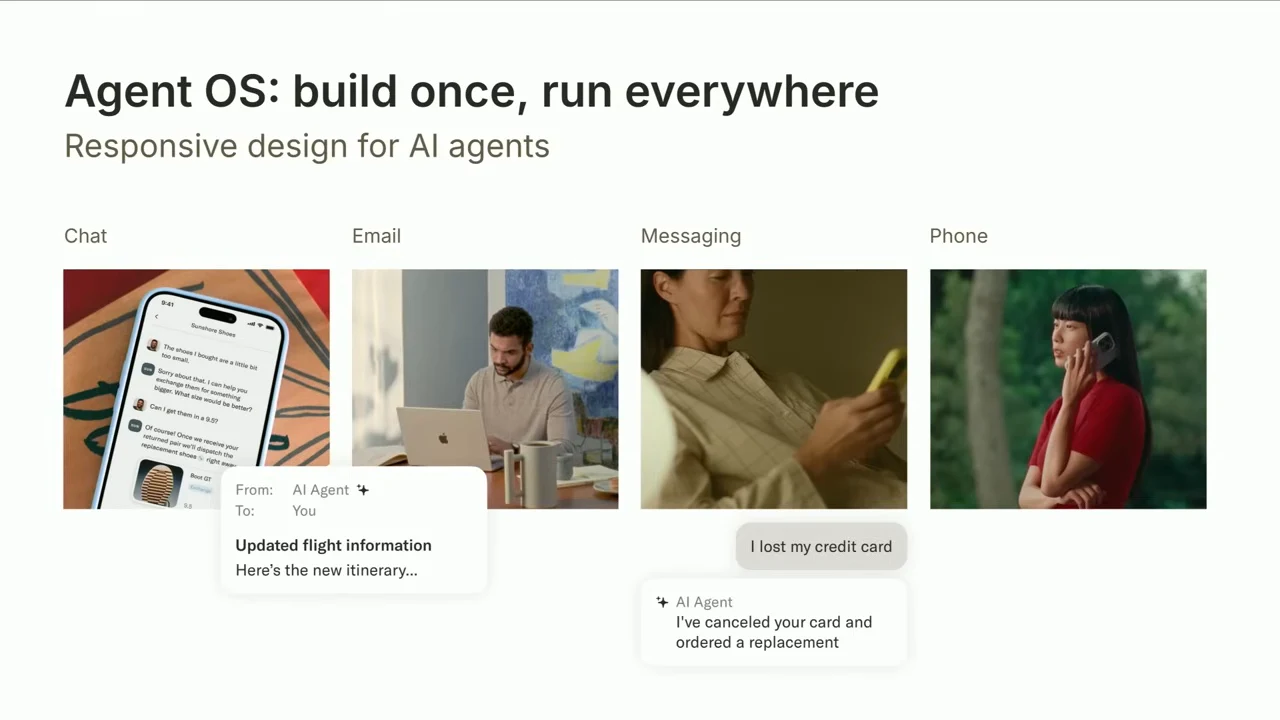 Slide titled “Agent OS: build once, run everywhere,” with four channel images and example messages about flight information and replacing a lost card.