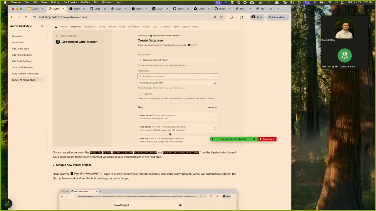Workshop documentation displays an Upstash Create Database form and the beginning of instructions for setting up a Vercel project.