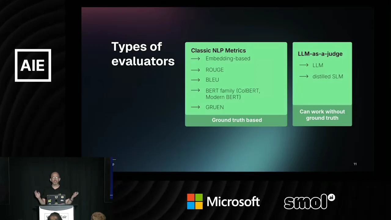 Types of evaluators slide with green panels listing classic NLP metrics as ground truth based and LLM-as-a-judge as able to work without ground truth.