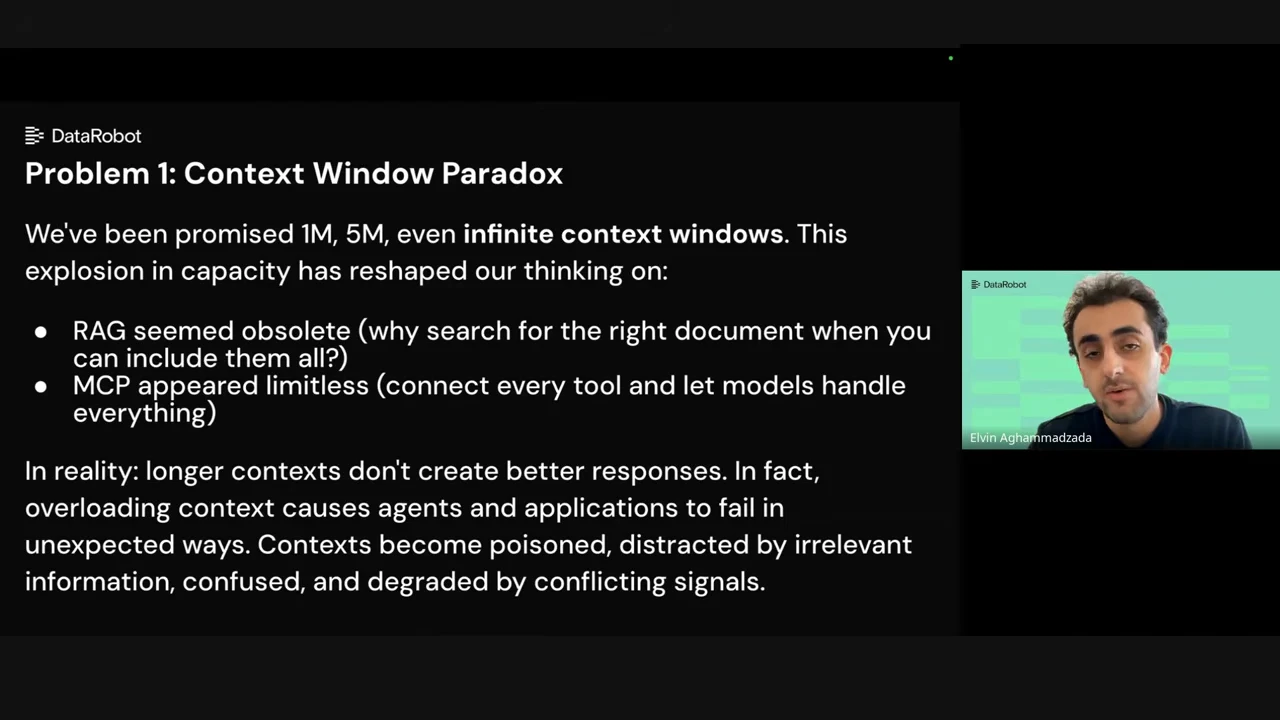 Slide titled “Problem 1: Context Window Paradox,” contrasting large context promises with overloaded, distracted and conflicting contexts; presenter inset at right.