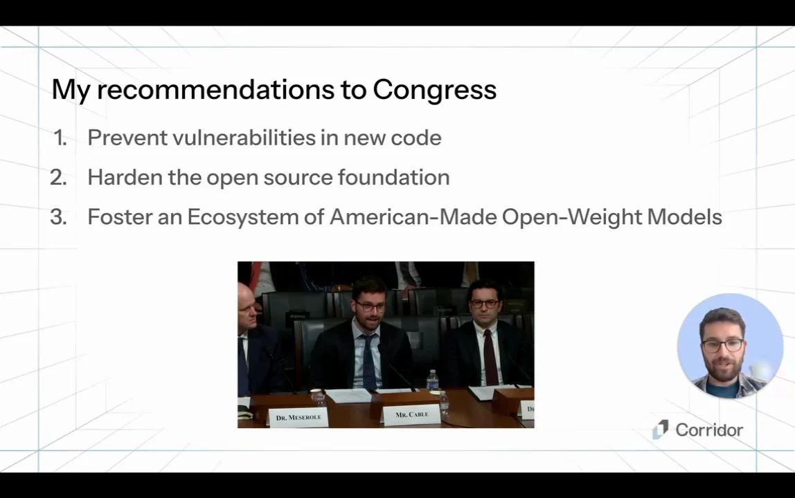 Slide titled “My recommendations to Congress” lists three recommendations above a photograph of a congressional hearing, with a presenter inset on the right.
