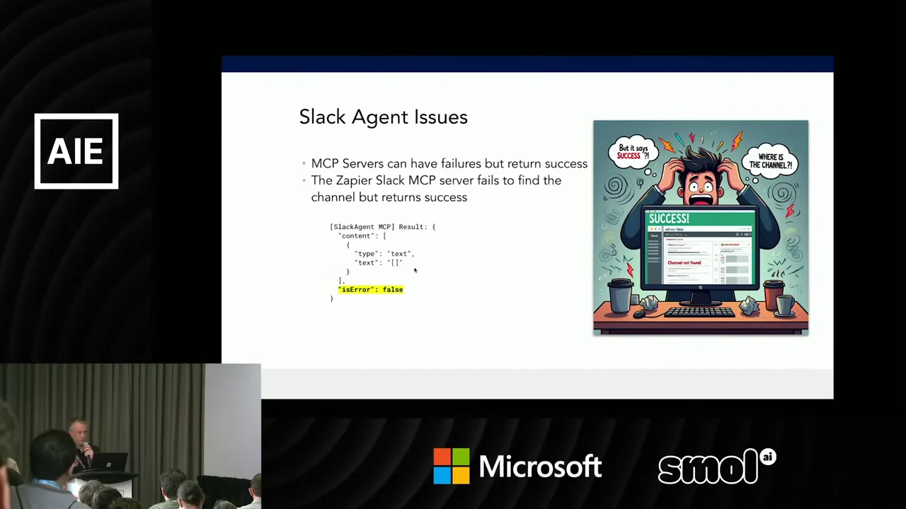 Slack Agent Issues slide with a response excerpt highlighting isError as false and an illustration of misleading success.
