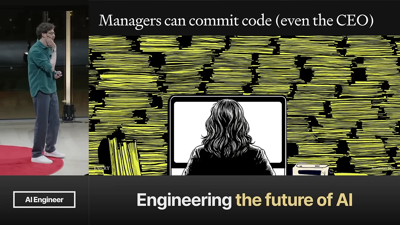 Slide reads “Managers can commit code (even the CEO)” above an illustration of a person at a computer surrounded by yellow stacks of papers.