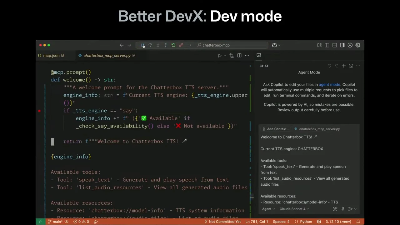 VS Code beneath Better DevX: Dev mode, showing a Python welcome function, a red breakpoint marker, and chat output listing the current TTS engine and available tools.