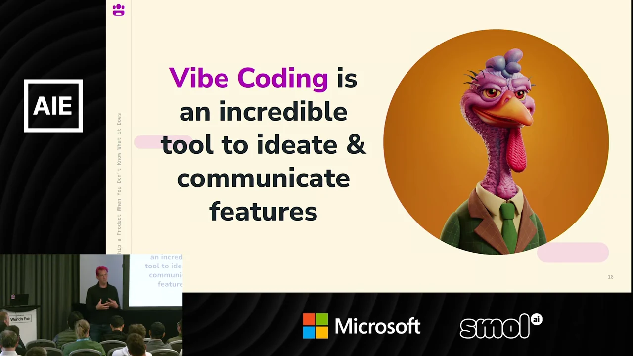Slide reading “Vibe Coding is an incredible tool to ideate & communicate features” beside an illustrated turkey wearing a suit and tie.