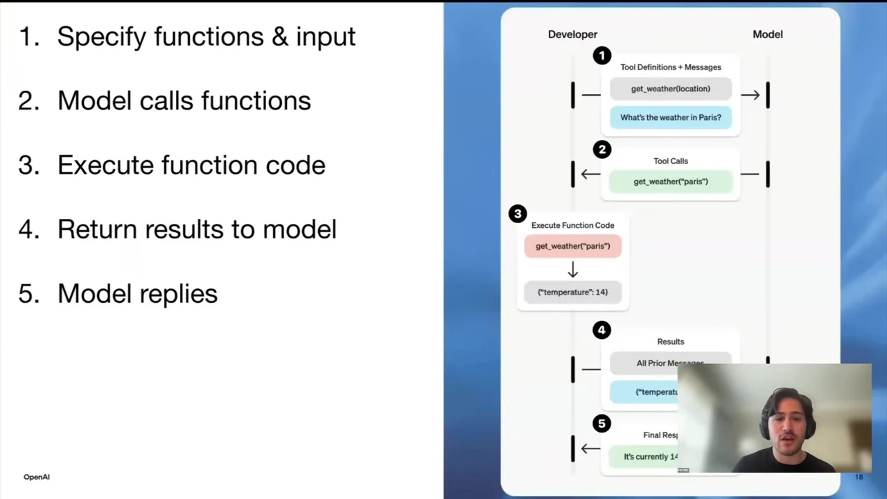A five-step list runs from specifying functions and input through executing code and returning results to the model, beside a developer/model sequence diagram.