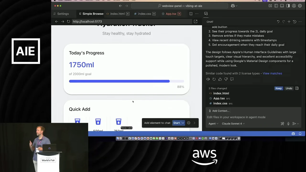 App preview shows Today's Progress at 1750ml and 88%, with Quick Add below and Copilot's response alongside.