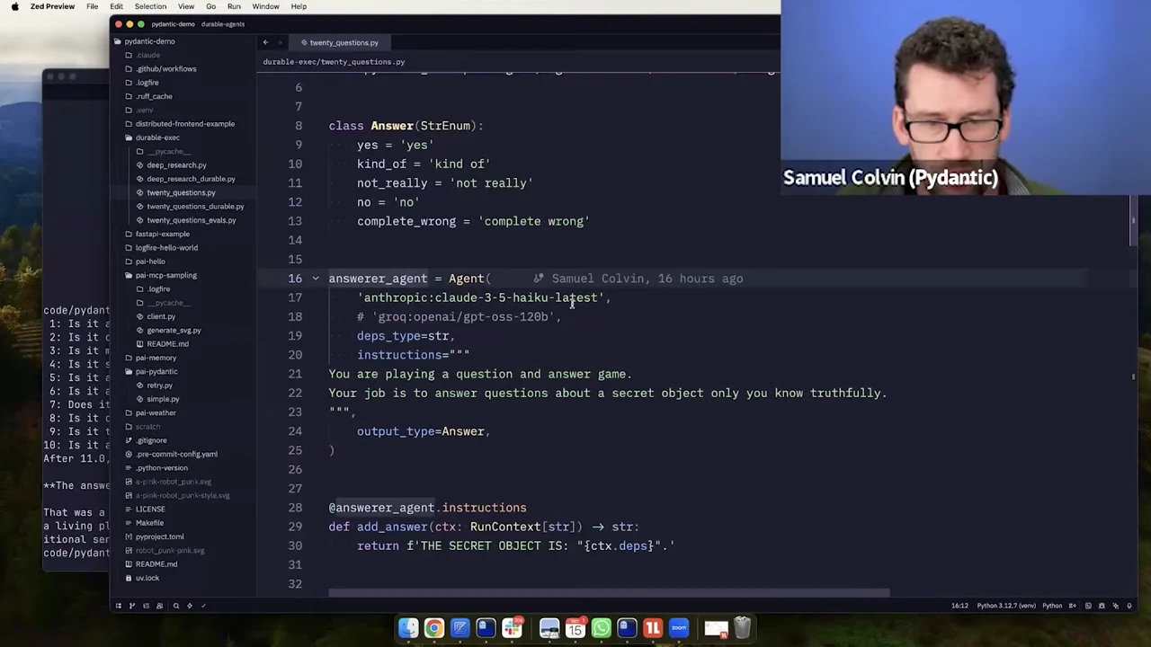 Python editor showing the Answer enumeration, answerer agent configuration, and a function adding the secret object to its instructions.