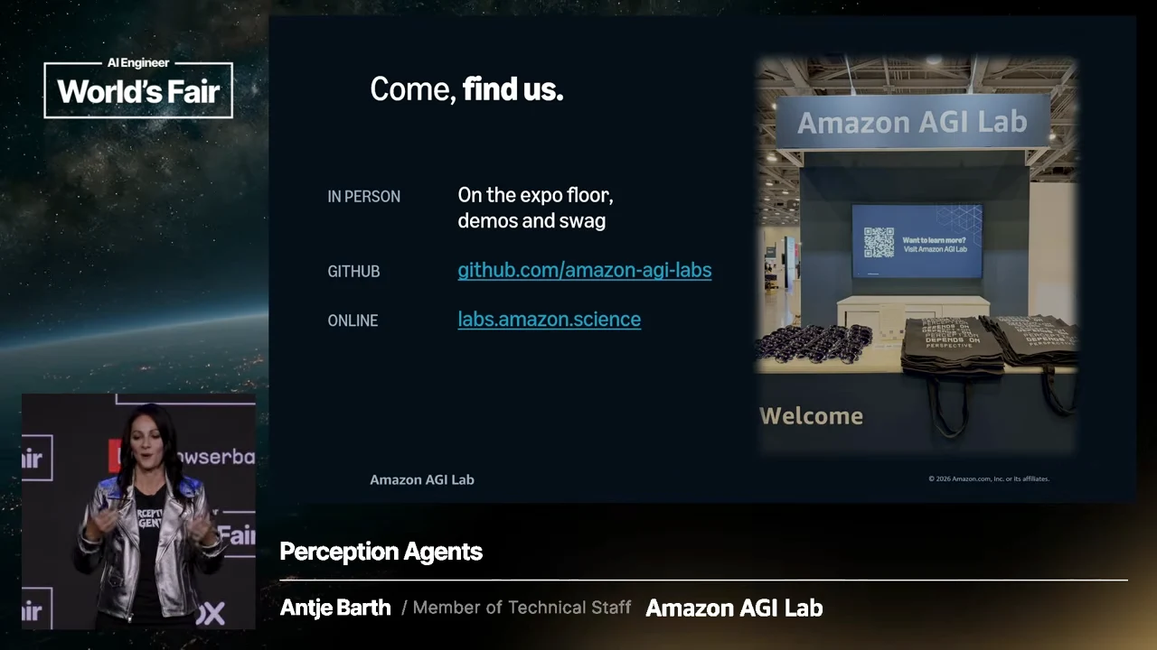 “Come, find us” slide listing expo access, github.com/amazon-agi-labs, and labs.amazon.science beside a booth photograph.