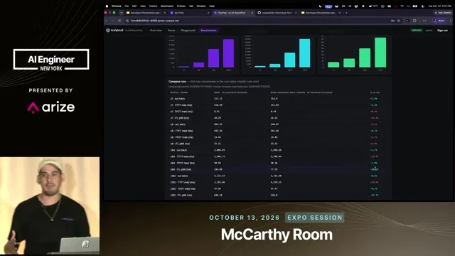 BenchPod compares benchmark runs with latency charts and a detailed results table.