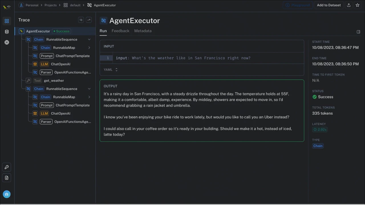 Dark debugging interface with an expanded execution tree including get_weather, a weather-question input, a completed response, and a Success status.