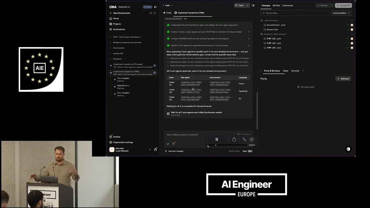 Dark Ona interface with agent entries in the left sidebar, a central checklist and three-row environment table, and a changes panel on the right.