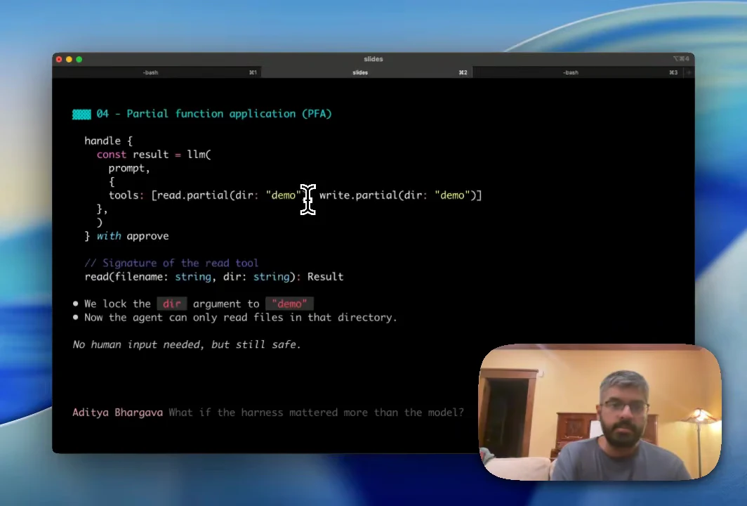 Partial function application slide showing read and write tools bound to the demo directory, the read function signature, and explanatory bullets.