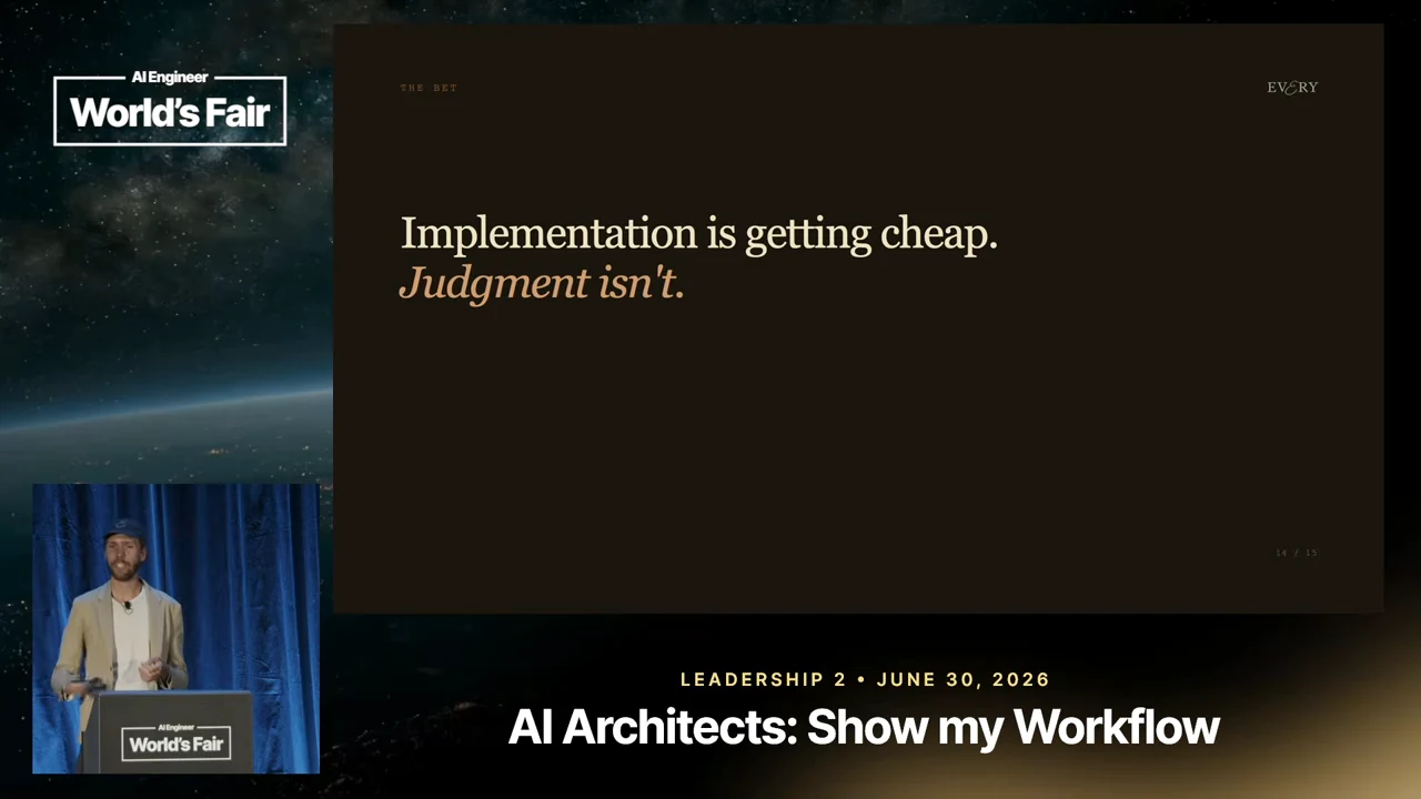 Dark slide with cream text reading “Implementation is getting cheap” and an italic gold line reading “Judgment isn’t.”