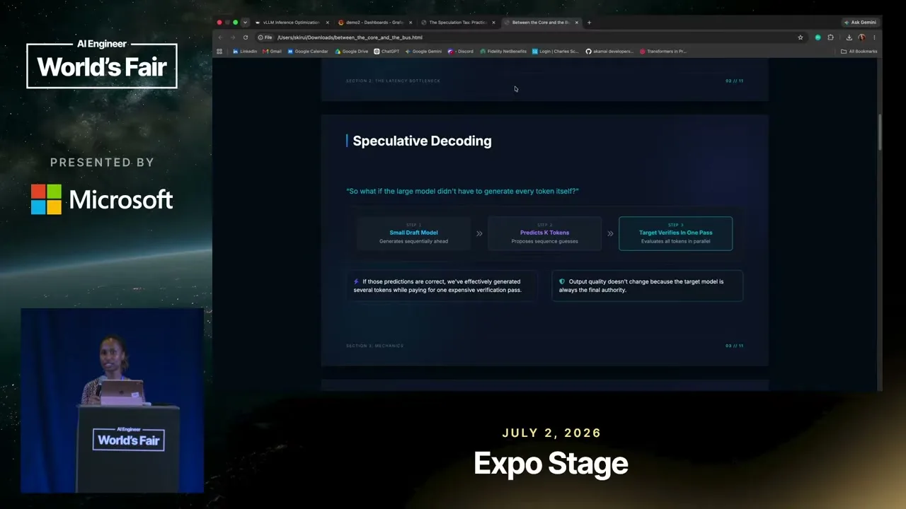 Selected presentation frame from Is Speculative Decoding Worth It? Profiling vLLM on NVIDIA Blackwell — Akamai at 122 seconds