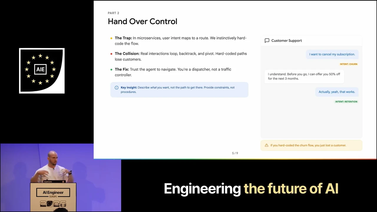 Slide with trap, collision, and fix bullets beside a customer support conversation showing a cancellation request, an offer, and acceptance, labeled churn and retention.
