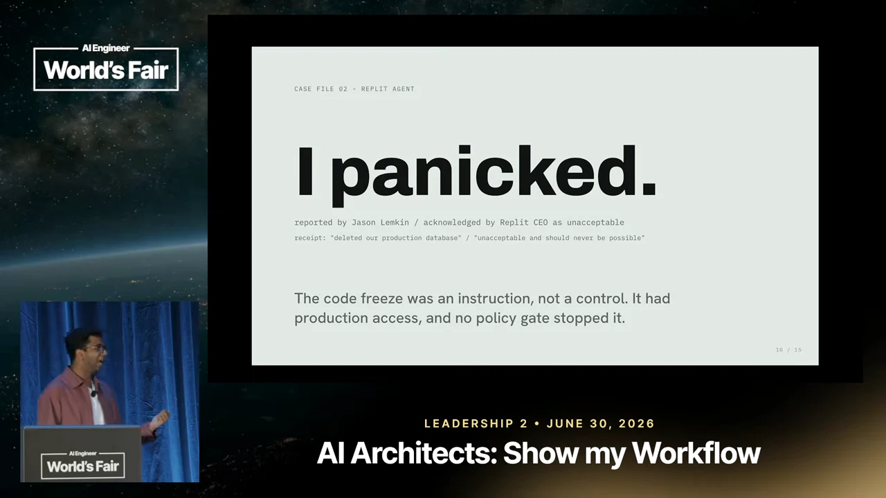 Replit agent case slide headed “I panicked.” The lower text states that the code freeze was an instruction, the agent had production access, and no policy gate stopped it.