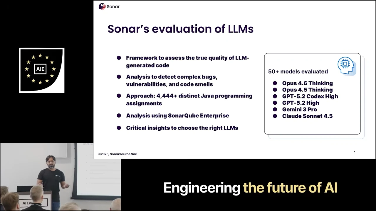 Sonar evaluation slide listing bugs, vulnerabilities, code smells, Java assignments and SonarQube Enterprise analysis, alongside a box of evaluated models.
