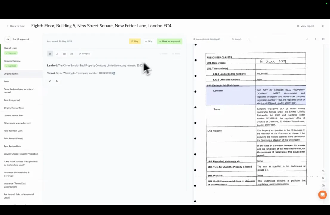 Review interface with lease fields on the left, extracted landlord and tenant details in the center, and a highlighted section of the source lease on the right.